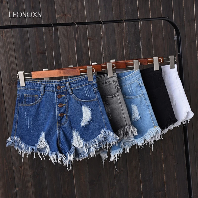 

Summer sexy ripped burr denim shorts high waist wide leg hotpants women's irregular high waist shorts ripped jeans