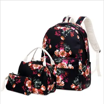 

3pcs girls vintage school backpack children back bag school bags for girls canvas backpack female flower bag set pen pencil case