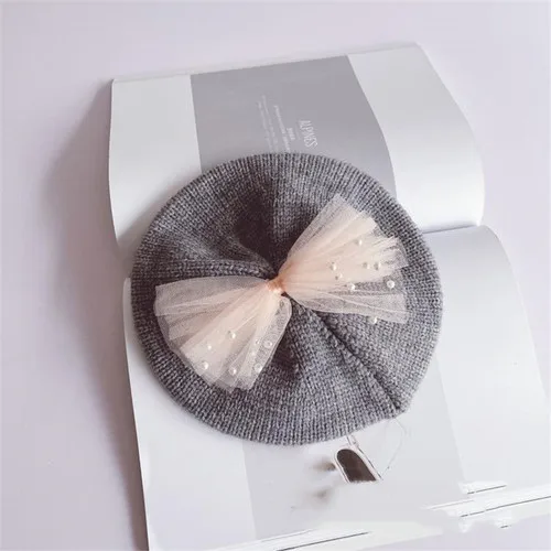 2-8 Years Kids Beret Hats Fall Spring Winter Warm Knitted Caps Tulle Bow Knot Pearl 13 Colors Cute Hats For Child Baby Girls mens military beret hat Berets