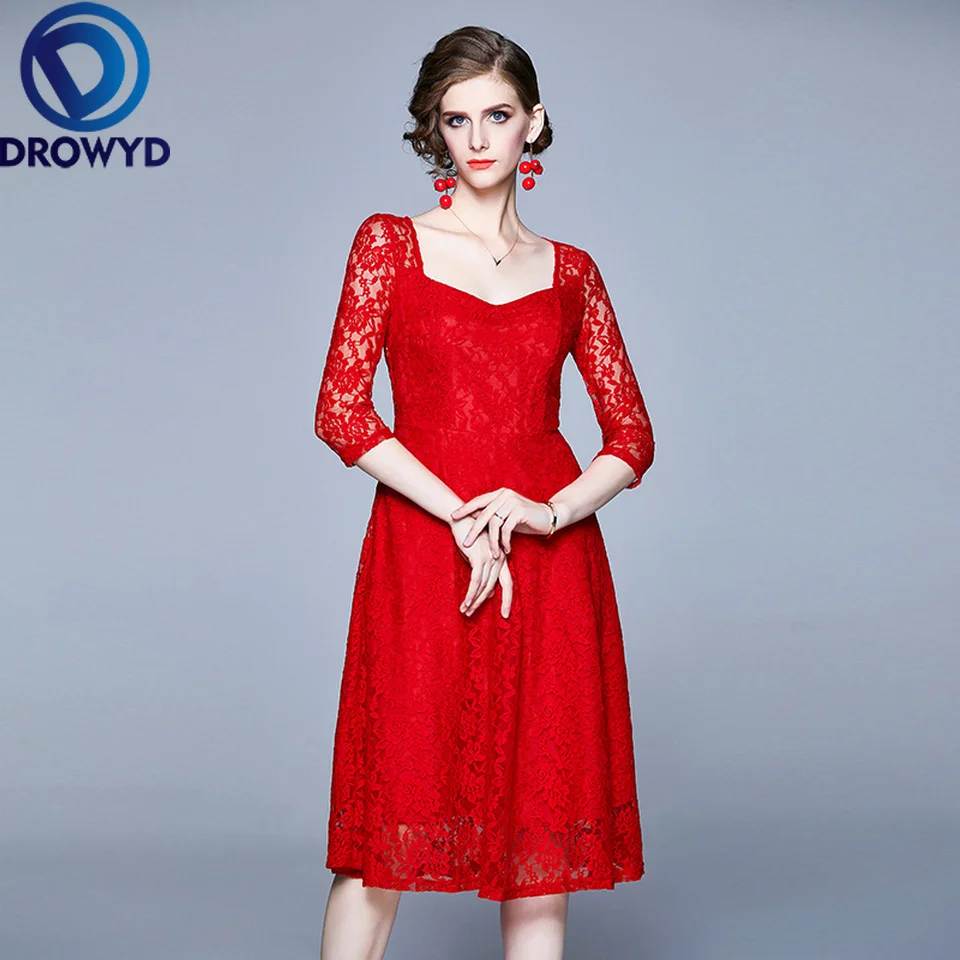 

DROWYD Vintage Lace Sexy Low-cut Midi Dress Women Fashion Girl Casual Red Boho Long-sleeved Dress Elegant Party Dresses Vestidos