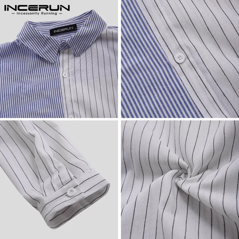 Модная полосатая Лоскутная рубашка мужская с отворотом воротник уличная Camisa кнопка вверх длинный рукав бизнес мужской бренд рубашки INCERUN