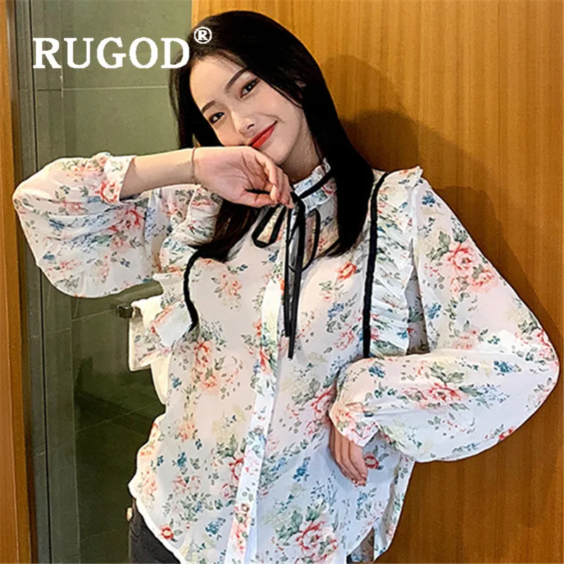 RUGOD2020 Весенняя Цветочная блузка с бантом, женские блузки с длинным рукавом, элегантный топ, корейская модная одежда, женские рубашки, шифоновая рубашка
