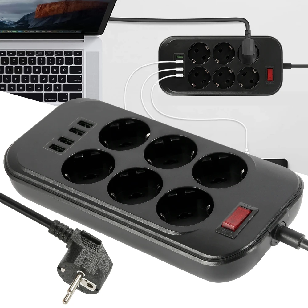 

6 Outlet Surge Universal Electrical Socket EU Plug Smart Extension Power Strip Home Office Surge Protector USB Charger Adapter