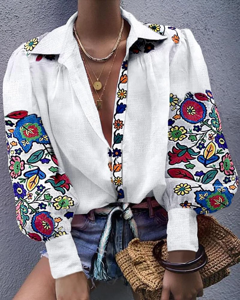

Women White Floral Ethnic style Embroidered Blouse And Tops Long Sleeve Turn Down Collar Elegant Shirt blusas mujer de moda 2019