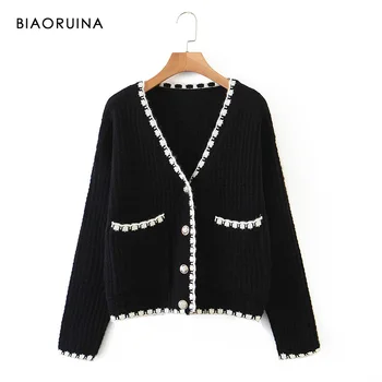 

BIAORUINA Women's Single Breasted Chic V-neck Short Knitted Cardigan Office Lady French Style Elegant Sweater One Size