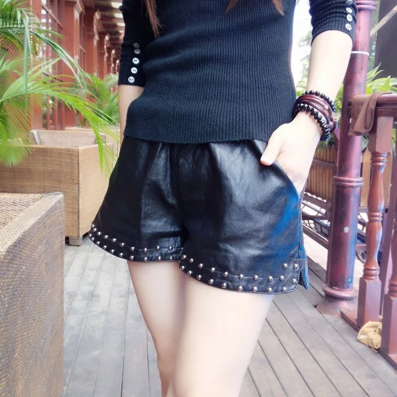 Women PU Leather shorts Autumn Winter Rivet short elastic waist wide leg shorts feminino DV261