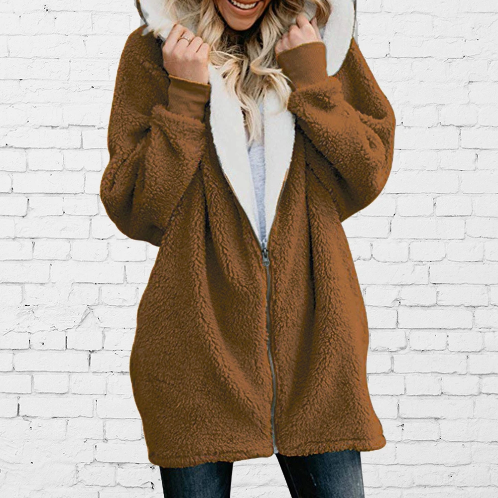 awesome  Women Coat Winter 2019 Causal Soft Hooded Pocket Zipper Fleece Plush Female Coat Warm Plus Size Fau
