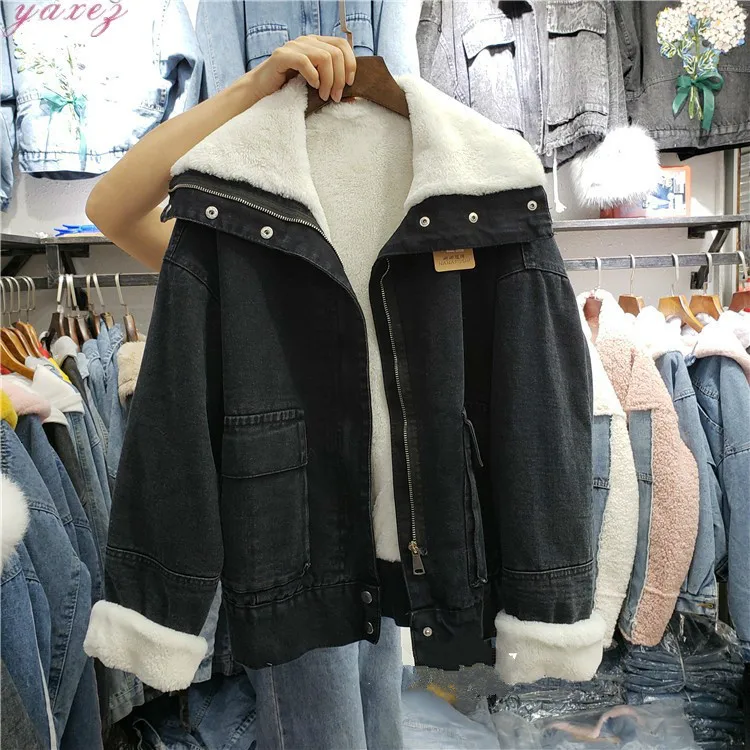 Корейский синий черный теплый зимний бомбер для женщин зима осень пальто для девочек джинсовые куртки базовый женский топ