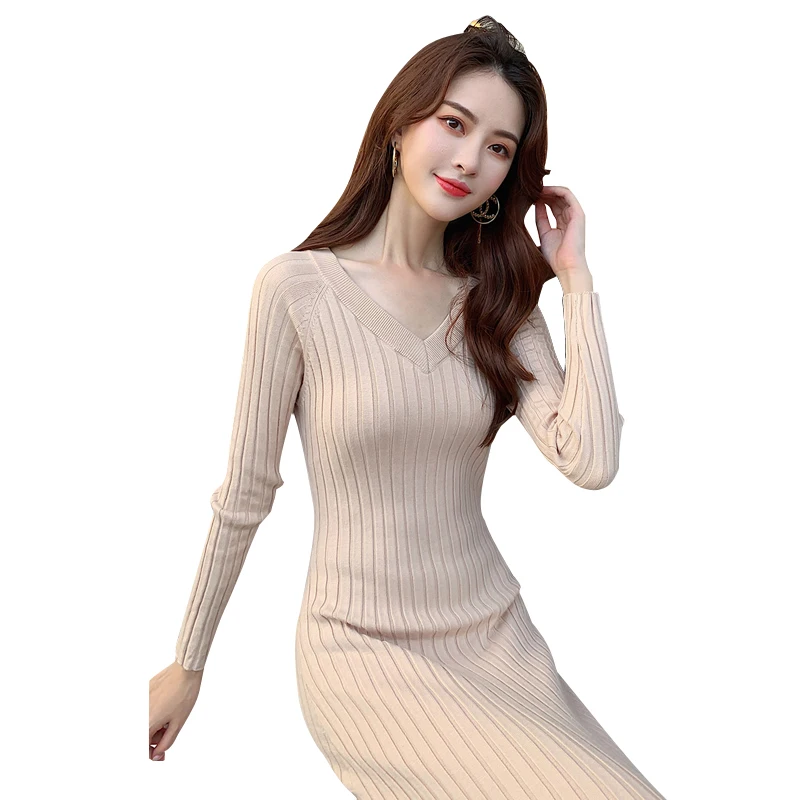 v neck midi sweater dress