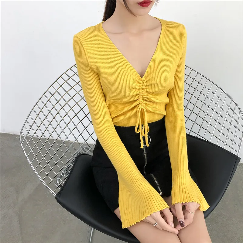 

Autumn Women's Sweaters Sexy Drawstring V Neck Solid Color Flare Sleeve Slim Female Pullovers Women's Clothing 2020