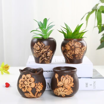 

4pcs/set Nordic Style Ceramic Flowerpot Flower Pattern Pure Color Succulents Planter Pot Home Desktop Balcony Decorations
