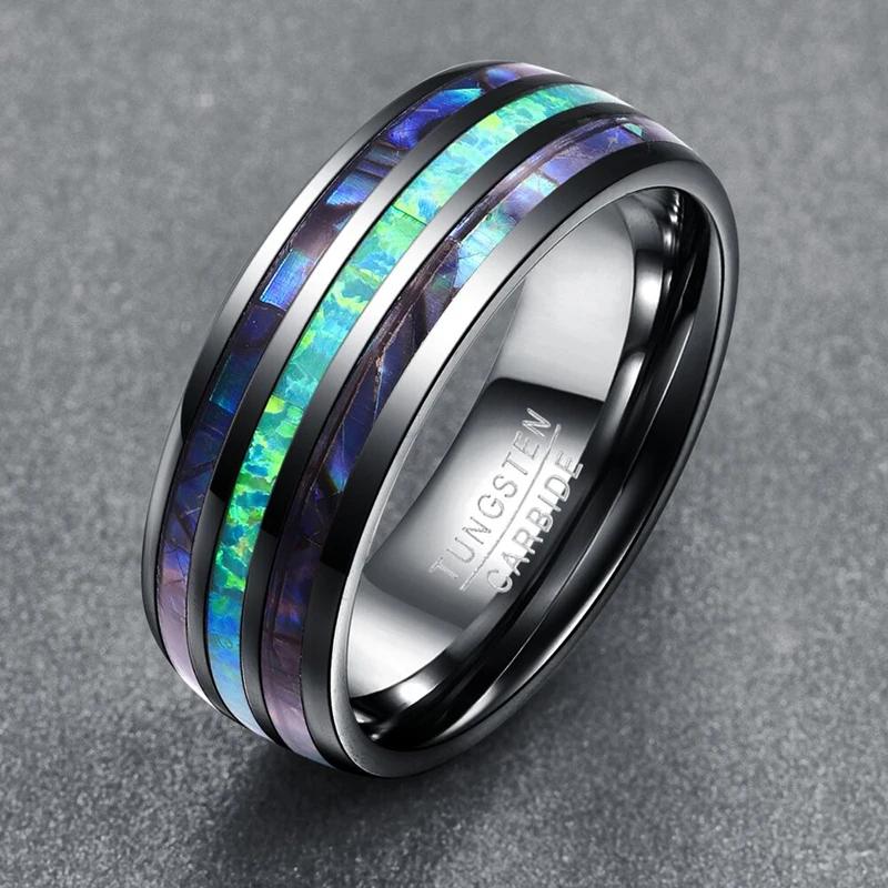 

TIGRADE 8mm Tungsten Carbide Rings Abalone Shell Wedding Bands Dome Triple Grooved opal for Men Comfort Fit Size 5 to Size 15