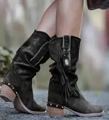 

women winter boots tassels mid calf slip on booties woman vintage plus size shoe faux suede slim boots c42 zapatos de mujer