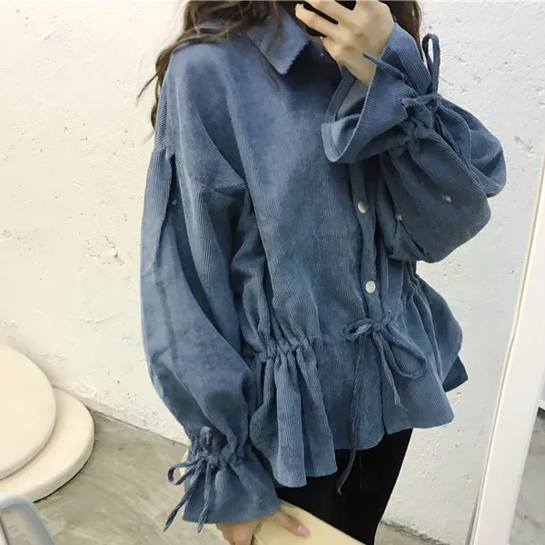 

2019 Corduroy Korean Flare sleeve Women Shirts Solid Color Casual Elastic Sleeve Tops Loose Elastic Belt Plus Size High Quality