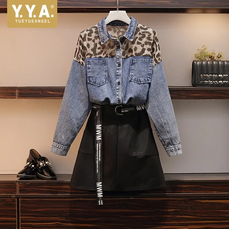 Women Spring Leopard Patchwork Denim Shirt Mini Pu Leather Skirt Two Piece Set Casual Ladies Outfits Matching Sets Plus Size 5XL |