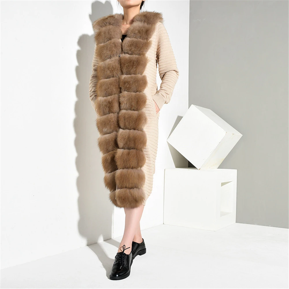Tatiana Furclub модные Kahaki трикотажные женские пальто из натурального меха женские длинные вязаные с лисьим меховым воротником тонкие вязаные с поясом