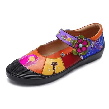 

Vintage Sandals Flowers Pattern Splicing Genuine Leather Stitching Hook Loop Slip On Sandals Elegant Shoes Women 2019