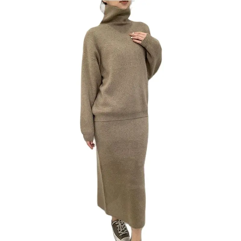 

Mink Cashmere Turthneck Wool Sweater + Hip Package Long Skirt Leisure 2 Pieces Dress Suit Warm Winter Clothing