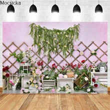 

Mocsicka Spring Photography Background Flowers Fence Bird Cage Decoration Studio Props Child Portrait Photo Backdrop Banner