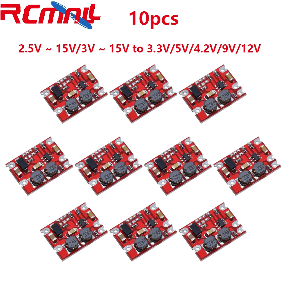 RCmall 10Pcs DC-DC Automatic Buck Boost Module Step Up and Down Board Input 2.5V-15V/3V-15V to Output 3.3V/5V/4.2V/9V/12V