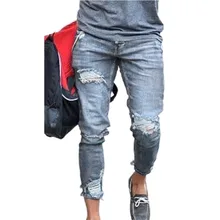 Pantalones vaqueros rasgados para hombre, Jeans ajustados hasta el tobillo, con agujeros, elásticos, Hip Hop, negros y azules, informales, con cremallera para trotar