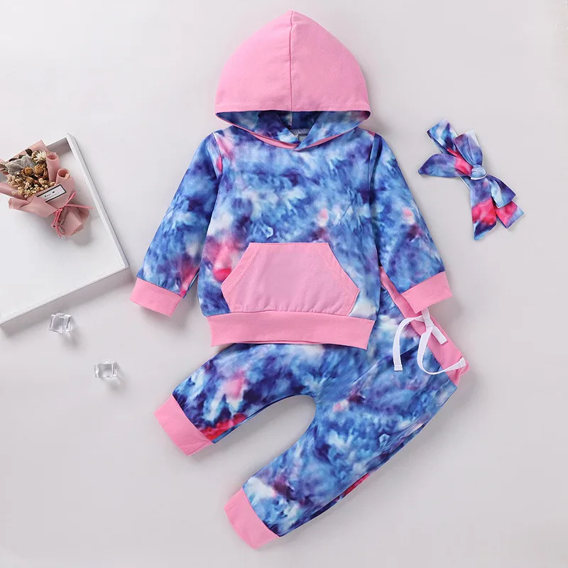 

3 Pcs Newborn Tie-dye Outfits, Toddler Long Sleeve Front Pocket Hoodie + Ribbon Trousers + Headband