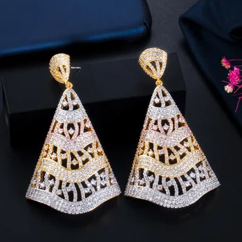 

LUALA Elegant Micro Pave CZ 3 Tone Rose Gold Large Long Drop Earrings for Bride Wedding Party Jewelry Accessories CZ674