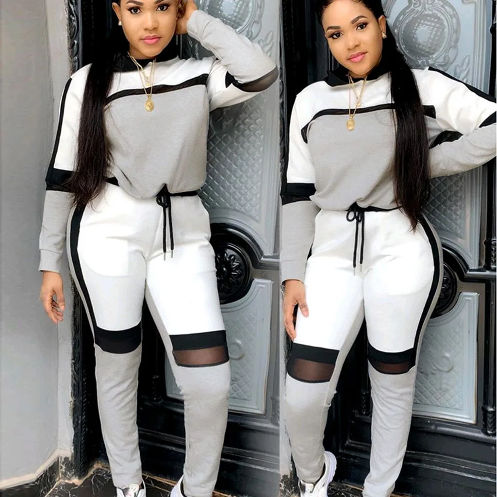 

2 Piece Set Women Casual Color Splicing Long Sleeve T-Shirt Long Pants Sports Set conjunto femenino conjuntos de mujer 2019 New