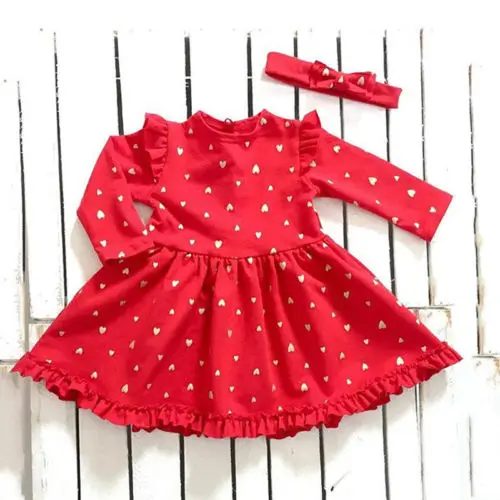 Детское платье для новорожденных девочек; красное Хлопковое платье с длинными рукавами для девочек; платье в горошек с оборками; летняя одежда для детей; Детские платья
