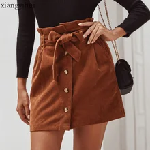 Винтажная Вельветовая трапециевидная плотная мини-юбка женская короткая женская юбка на пуговицах с поясом спереди Осенняя зимняя уличная Женская юбка