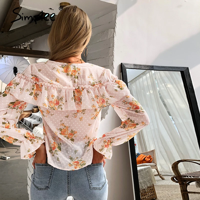 Женская винтажная блузка с цветочным принтом v образным вырезом и оборками