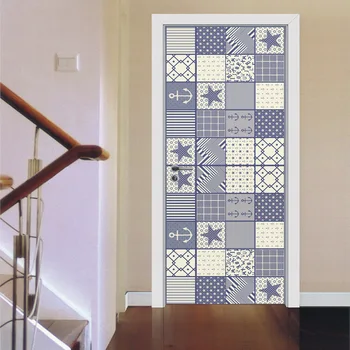 

Blue Checks Geometry Door Sticker Wallpaper Living Room Kitchen Bathroom Door Waterproof Home Decal Vinyl Door Mural