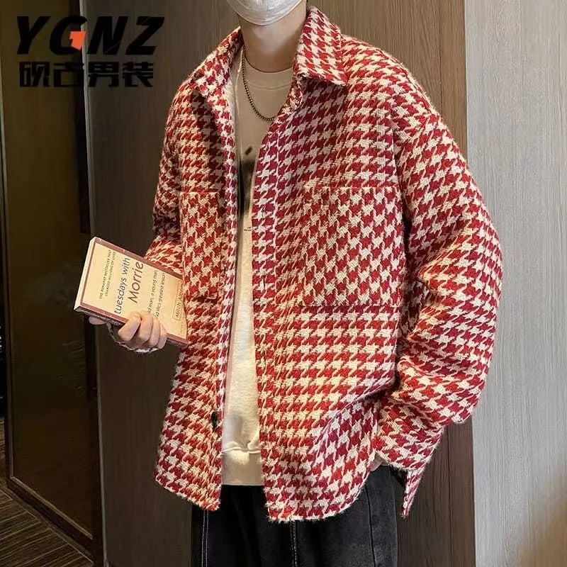 

2021 Men's Lattice Printing Fashion Coats Loose Casual Streetwear Wool Jackets Youth Lapel Collar 3 Color Outerwear M-3XL