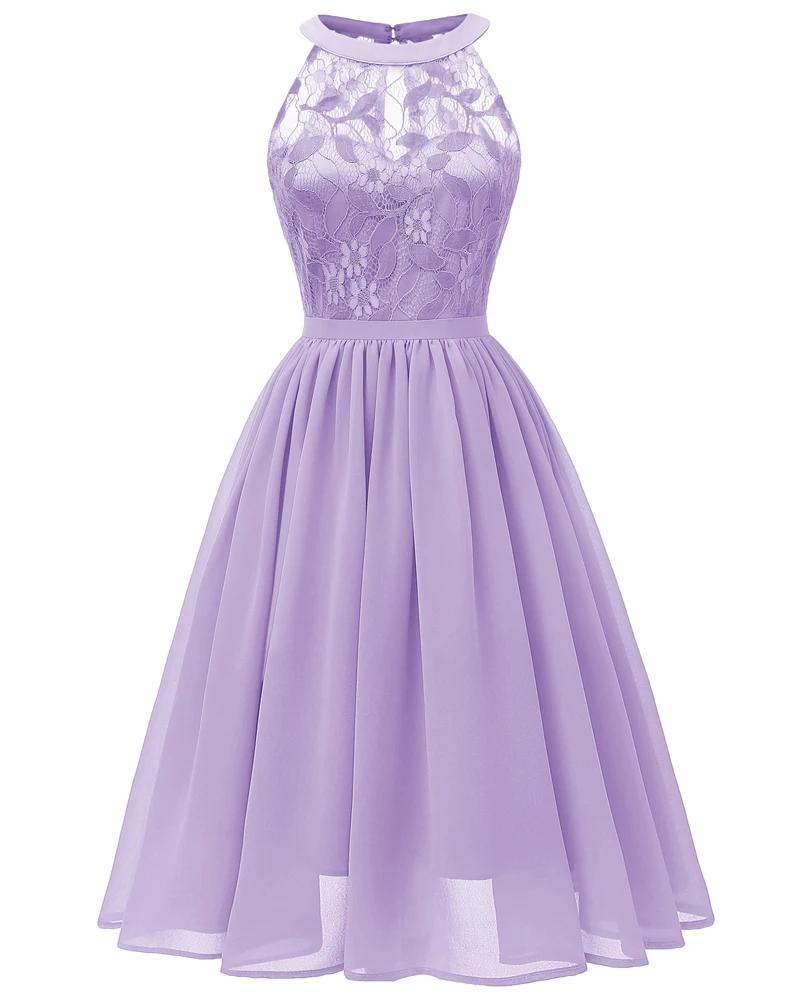 Женское платье миди с лямкой на шее, платье для выпускного вечера, вечерняя одежда, элегантное кружевное шифоновое платье, модное платье для выпускного вечера - Цвет: Light Purple