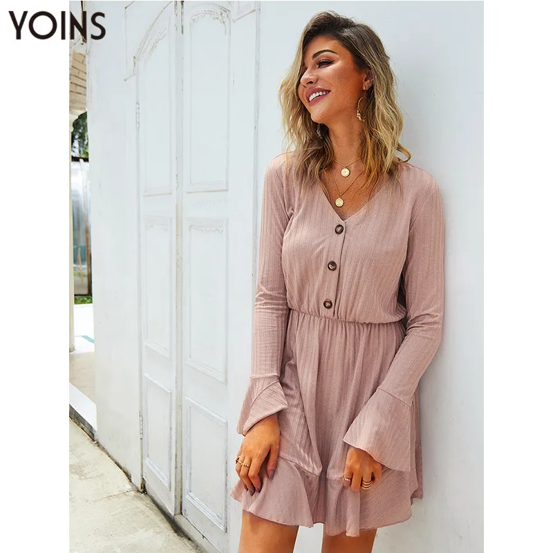 

2019 YOINS Dress Summer Autumn Winter Women Vestidos Button V-neck Long Sleeve Elastic Waist Dresses Work Streetwear Sundress