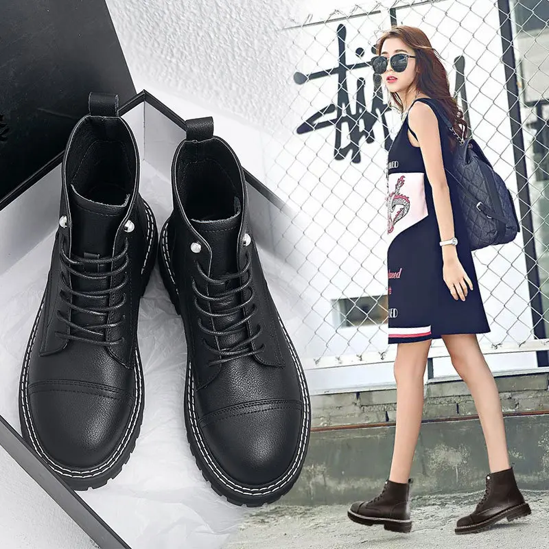 

2019 Winter New Style Genuine Leather Martin Boots Women's Lace-up Solid Color Cowhide Short Boots Soft-Sole Versitile Fashion W