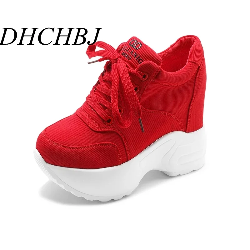 

Women Sneakers canvas Casual Platform Trainers White Shoes 10CM Heels Autumn Wedges Breathable Woman Height Increasing Shoes
