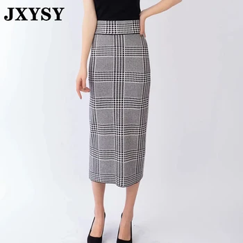 

JXYSY england vintage office lady high waist elegant plaid knitting midi skirt women faldas mujer moda 2020 long skirts womens
