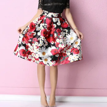 

Women Skirts Elegant Midi High Waist Casual Skirts Flower Printed Vintage Summer Skirt Ball Gown Big Swing Robes TA625