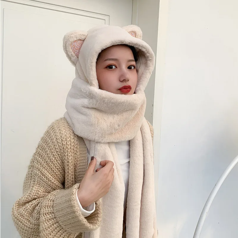 Kawaii женские наборы Зимняя кепка с кошачьими ушками с длинным шарфом перчатки Skullies Beanies плюшевые теплые мягкие наушники шапки для девочек шапки с героями мультфильмов