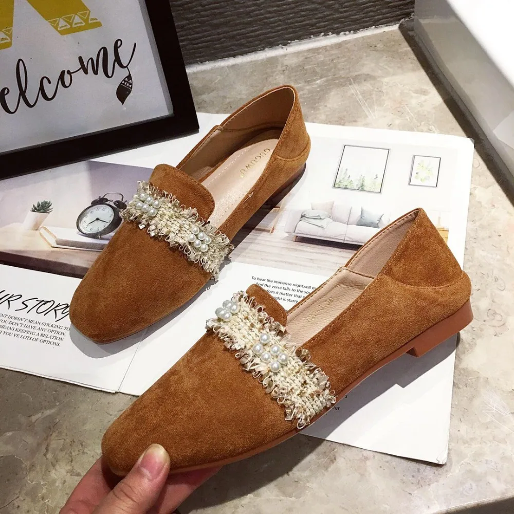 Fringe beading square toe flats slip on casual solid flock brief moccasins comfy brief women shoes leisure femme korean loafers