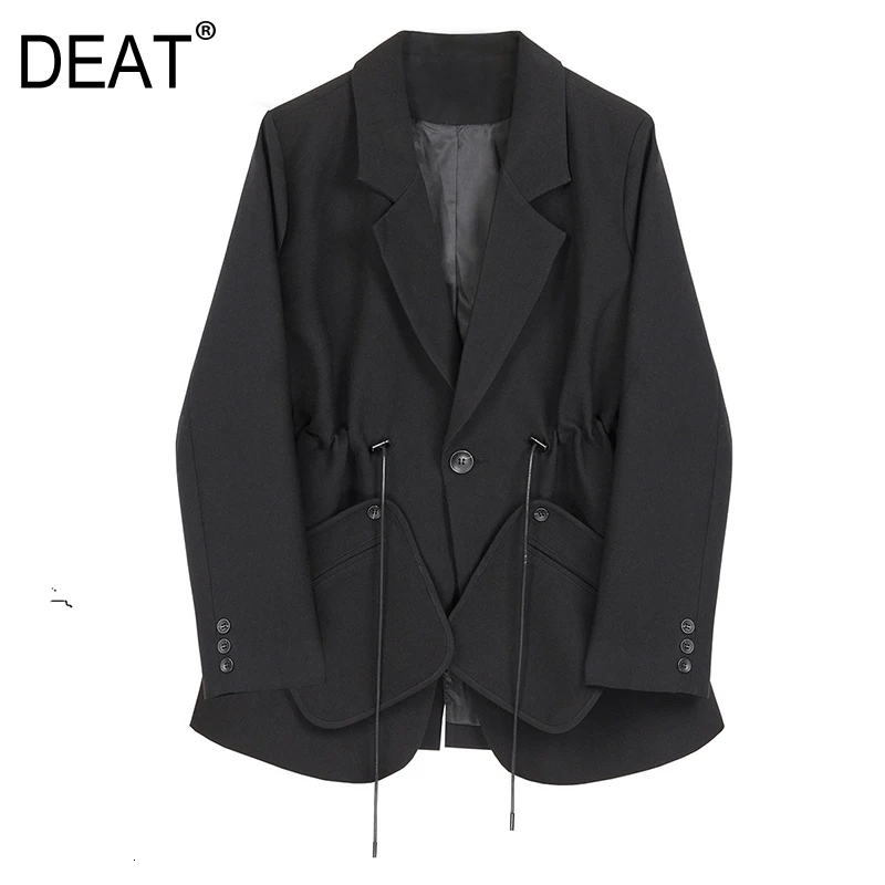 

[DEAT] Women Pocket Drawstring Temperament Blazer New Lapel Long Sleeve Loose Fit Jacket Fashion Tide Spring Autumn 2020 13E837