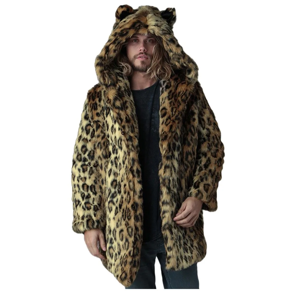 Winter Cardigan Mens Overcoat Warm Thick Faux Fur Coats With Hood Fur Parka Oversized Men Fur Overcoat Warm Faux Fur Jacket Men