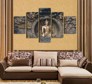 

Modern Home Decorative Framework Pictures HD Printed 5 Pieces Solemn Buddha Bronze Statue Canvas Painting Wall Decor Poster