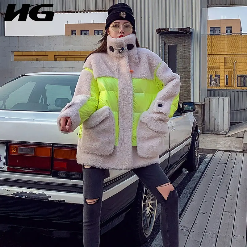HG Lambswool куртка с пайетками женское модное зимнее пальто уличная свободная плюс размер короткая парка тренд женская одежда XJ2152
