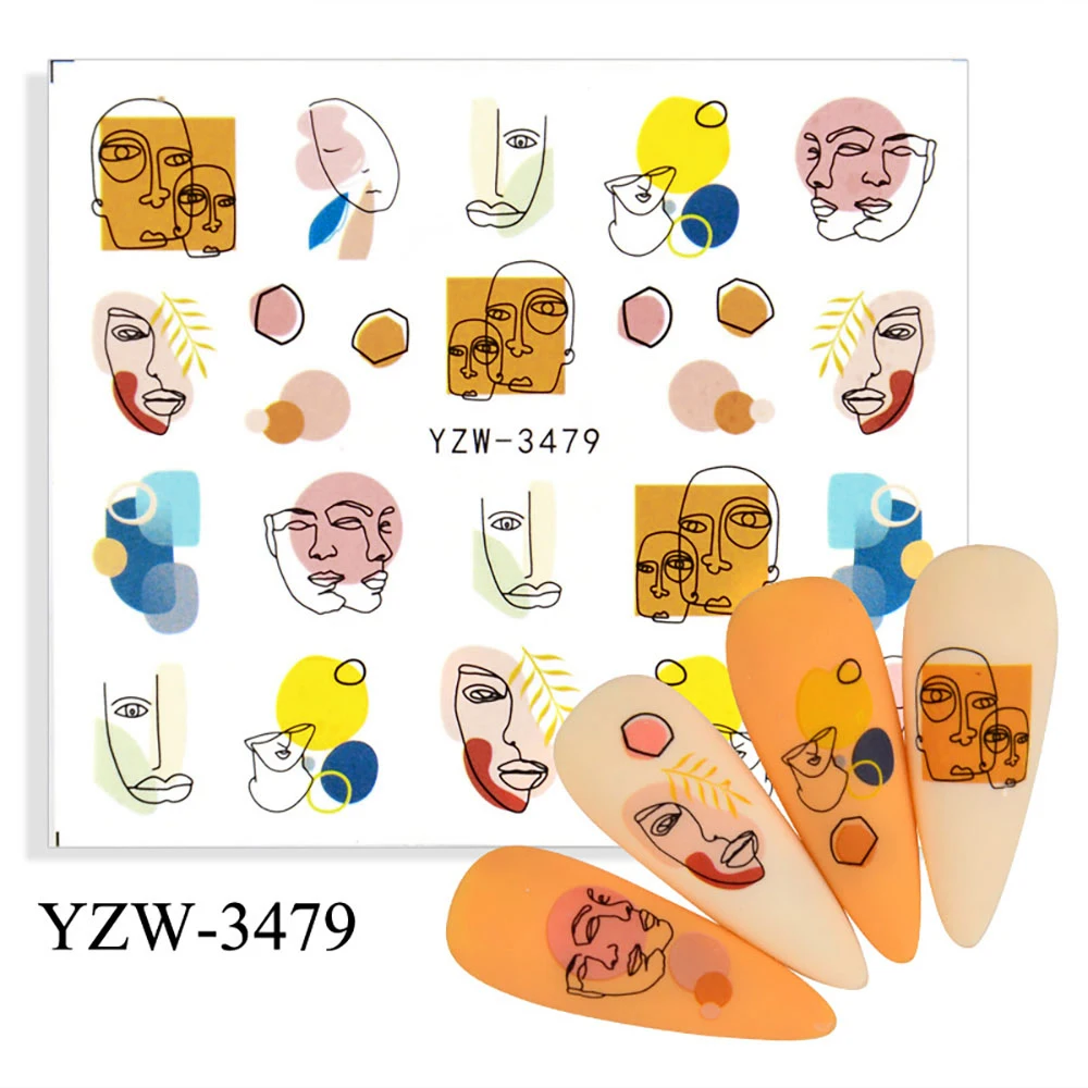 Colorful Face Flower Stickers Nail Stickers Transfer Nails Water Decal Nail Decals Leaf Sticker Series Watermark Nails Geometric