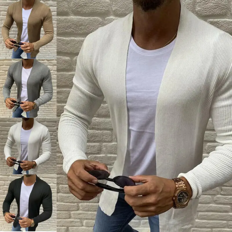 Для мужчин V образным вырезом Slim Fit вязаный кардиган на пуговицах, свитер модные однотонные дышащие пальто Пуловеры Свитера 4 цвета