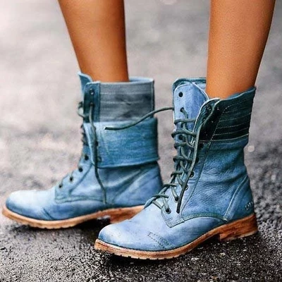 Новые зимние мотоциклетные ботинки на шнуровке Модные женские ботинки в британском стиле синие ботинки на низком каблуке в готическом и панк-стиле женская обувь Прямая поставка