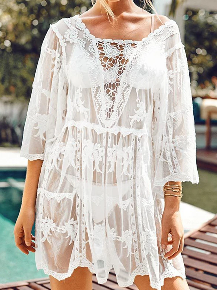 

ZAFILLE White Lace Swimsuit Cover Up Beach Tunic Beach Dresses and Tunics Pareo Swimsuit Cover Up Pareo Beach Tunic Summer