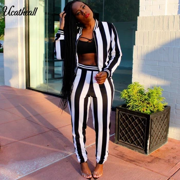 

Sexy Stripe Print Two Piece Set Women Summer Autumn Zipper Jacket+pants 2 Pieces Set Female Casual Suits